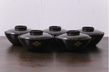 和製アンティーク　蒔絵　鴨　和モダンな蓋付き椀5つセット(お椀、漆器)(2)