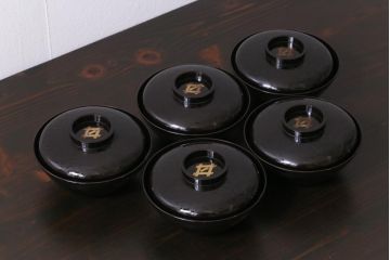 和製アンティーク　蒔絵　鴨　和モダンな蓋付き椀5つセット(お椀、漆器)(2)
