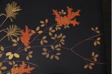 昭和中期　外箱付き　木曽平沢塗　木製　秋の七草　秋草蒔絵の富貴重3組(重箱、漆器)(2)