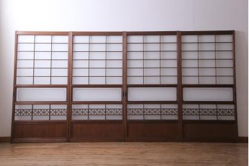 昭和中期　格子紋様　組子がアクセントのガラス戸4枚セット(引き戸、建具)