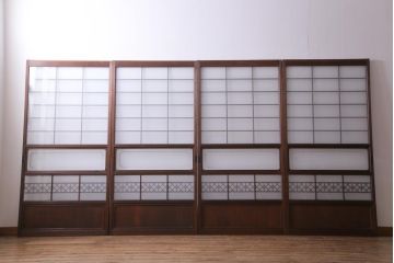 昭和中期　格子紋様　組子がアクセントのガラス戸4枚セット(引き戸、建具)