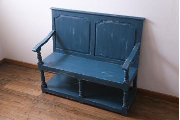 アンティーク家具　イギリスアンティーク　シャビーなペイントがおしゃれな木製ベンチ(2人掛け)