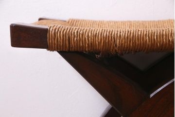 中古　松本民芸家具　ラッシ座面(い草)　ケヤキ材　222鞍型スツール(椅子、チェア)