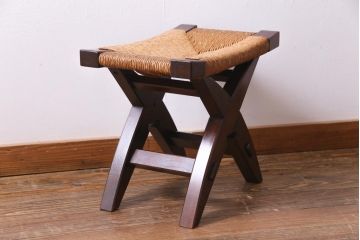 中古　松本民芸家具　ラッシ座面(い草)　ケヤキ材　222鞍型スツール(椅子、チェア)