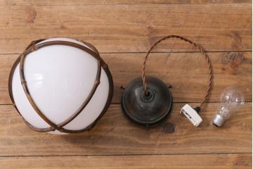 昭和初期　戦前　竹の装飾が個性的な球体型ペンダントライト(電笠、天井照明、吊り下げ照明)