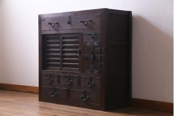 アンティーク家具　和製アンティーク　明治期　ヒノキ材　バランスのとれたデザインが品のある帳場箪笥(収納棚、戸棚、時代箪笥)