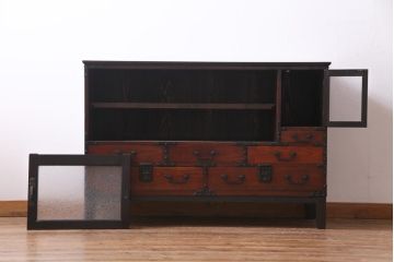 リメイク家具　前板ケヤキ材　結霜ガラス　渋い大人の雰囲気漂う時代箪笥サイドボード(収納棚、テレビボード)