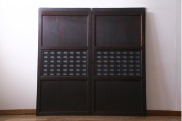 和製アンティーク　板ガラス裏障子留め　格子縞がレトロモダンな組子帯戸2枚セット(板戸)
