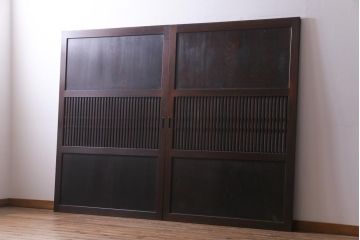 和製アンティーク　ケヤキ・杉材　堅牢な雰囲気が漂う障子帯戸2枚セット(板戸、引き戸、建具)(R-035992)