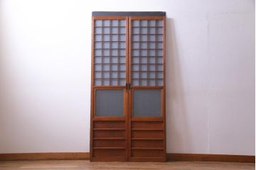 和製アンティーク　ヒノキ材　当店オリジナルガラス入り　昭和レトロな幅狭サイズのガラス戸2枚セット(建具、引き戸)(R-036019)