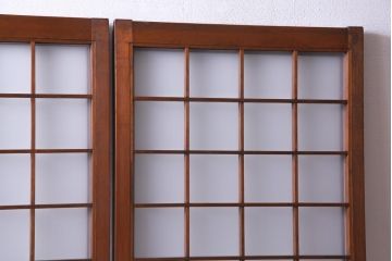 和製アンティーク　ヒノキ材　当店オリジナルガラス入り　昭和レトロな幅狭サイズのガラス戸2枚セット(建具、引き戸)(R-036019)