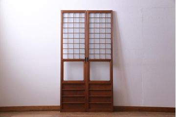 和製アンティーク　ヒノキ材　当店オリジナルガラス入り　昭和レトロな幅狭サイズのガラス戸2枚セット(建具、ガラス戸)