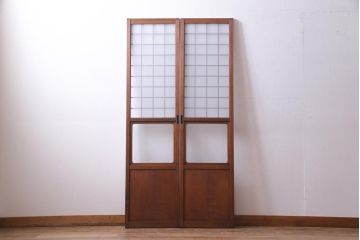 和製アンティーク　ヒノキ材　当店オリジナルガラス入り　昭和レトロな幅狭サイズのガラス戸2枚セット(建具、ガラス戸)