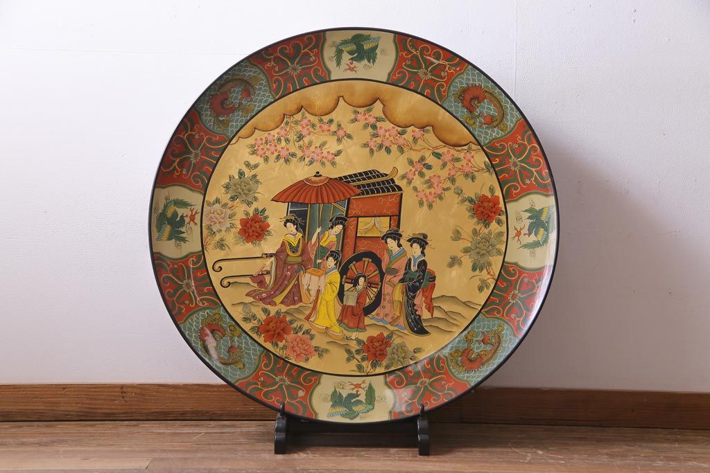 アンティーク雑貨　中古　木製　御所車図　圧巻!金漆装飾の3尺飾り盆(大盆)