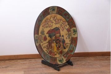 アンティーク雑貨　中古　木製　御所車図　圧巻!金漆装飾の3尺飾り盆(大盆)