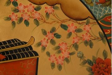 アンティーク雑貨　中古　木製　御所車図　圧巻!金漆装飾の3尺飾り盆(大盆)