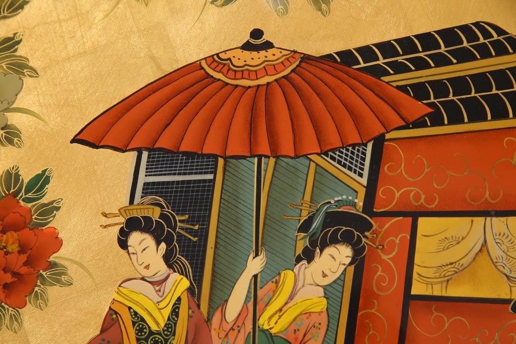 アンティーク雑貨　中古　木製　御所車図　圧巻!金漆装飾の3尺飾り盆(大盆)