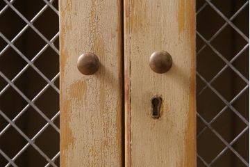 アンティーク家具　フランスアンティーク　パイン材　網目扉　オリジナルペイントが魅力的なキャビネット(食料棚、サイドボード、収納棚)