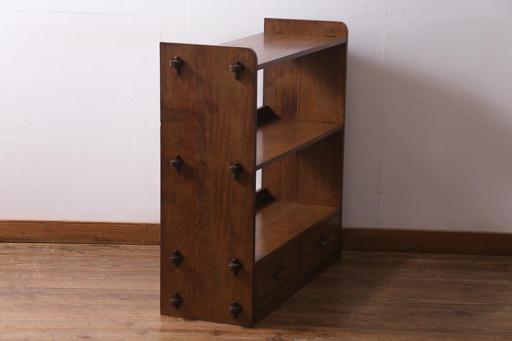 レトロ家具　昭和中期　ナラ材　楔式のデザインがレトロな引き出し付き本棚(飾り棚、収納棚、ディスプレイラック)