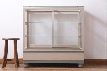 ペイント家具　5面ガラス　淡いカラーが優しげな雰囲気醸し出すガラスケース(陳列棚、ショーケース、飾り棚)