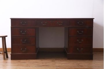 イギリス輸入家具　マホガニー材　レザートップ　高級感漂う組み立て式両袖デスク(プレジデントデスク、机、在宅ワーク、在宅用)