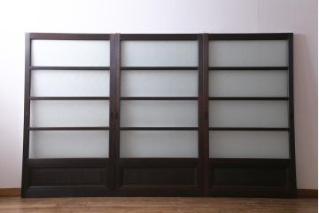 和製アンティーク　腰板ケヤキ材　ダイヤガラス入り　味のあるレトロな雰囲気醸し出すガラス戸3枚セット(建具、引き戸)