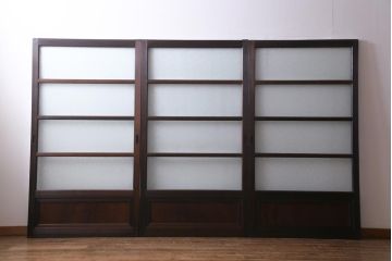 和製アンティーク　腰板ケヤキ材　ダイヤガラス入り　味のあるレトロな雰囲気醸し出すガラス戸3枚セット(建具、引き戸)