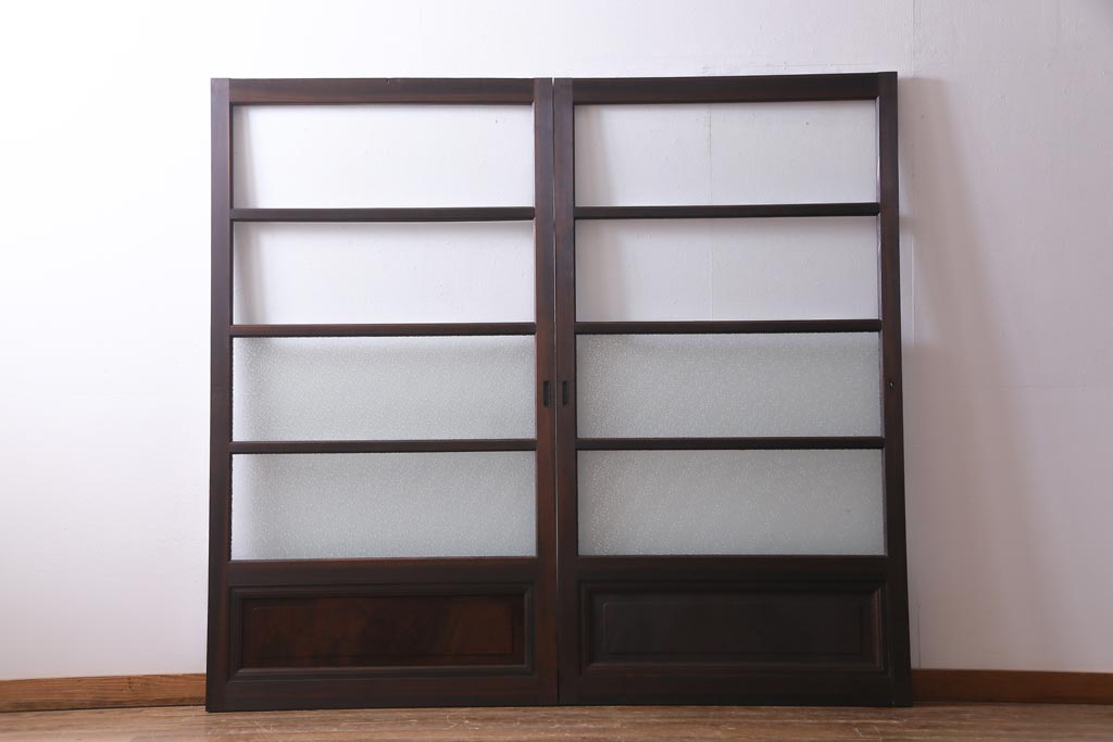 アンティーク建具　腰板ケヤキ材　クリア・ダイヤガラス　味のあるレトロな雰囲気醸し出すガラス戸2枚セット(引き戸)