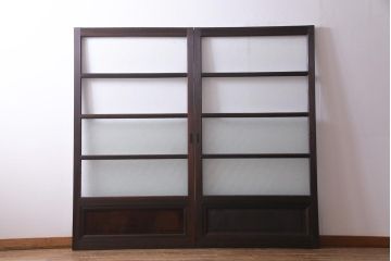 アンティーク建具　腰板ケヤキ材　クリア・ダイヤガラス　味のあるレトロな雰囲気醸し出すガラス戸2枚セット(引き戸)