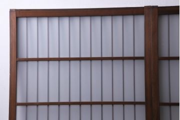 レトロ家具　昭和レトロ　腰板ケヤキ材　すりガラスが優しげな印象を与える格子戸(ガラス戸、引き戸、建具)2枚セット