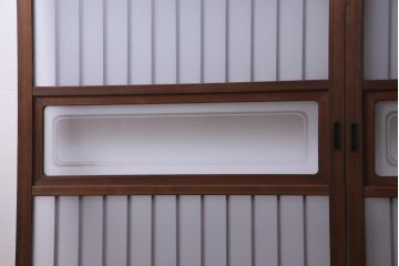 レトロ家具　昭和レトロ　腰板ケヤキ材　すりガラスが優しげな印象を与える格子戸(ガラス戸、引き戸、建具)2枚セット