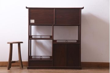中古　伝統工芸品　大阪唐木指物　中澤唐木　池辺作　紫檀材　漆塗りが美しい高級飾り棚(茶棚)(定価約180万円)