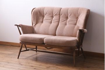 中古　イギリス　ヴィンテージ家具　ERCOL(アーコール)　エバーグリーン　2人掛けソファ(アームチェア、イージーチェア、ビンテージ)(定価約58万円)