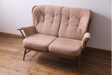 中古　イギリス　ヴィンテージ家具　ERCOL(アーコール)　エバーグリーン　2人掛けソファ(アームチェア、イージーチェア、ビンテージ)(定価約58万円)