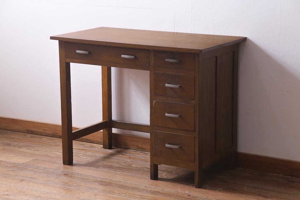 レトロ家具　昭和レトロ　薄型リメイク　ノスタルジックなナラ材製の片袖机(ワークデスク、在宅ワーク、在宅用)