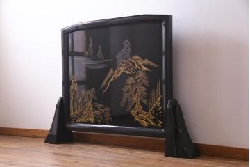 中古　伝統工芸　白峯作　漆塗り　鎗金・沈金蒔絵　山水図の衝立(パーテーション)
