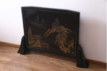 中古　伝統工芸　白峯作　漆塗り　鎗金・沈金蒔絵　山水図の衝立(パーテーション)