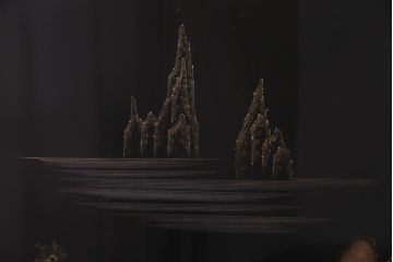 中古　伝統工芸　白峯作　漆塗り　鎗金・沈金蒔絵　山水図の衝立(パーテーション)