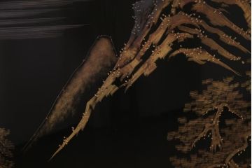 中古　伝統工芸　白峯作　漆塗り　鎗金・沈金蒔絵　山水図の衝立(パーテーション)