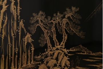 中古　伝統工芸　白峯作　漆塗り　鎗金・沈金蒔絵　山水図の衝立(パーテーション)