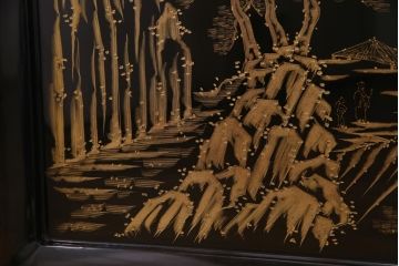 中古　伝統工芸　白峯作　漆塗り　鎗金・沈金蒔絵　山水図の衝立(パーテーション)