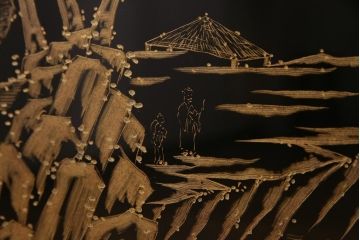 中古　伝統工芸　白峯作　漆塗り　鎗金・沈金蒔絵　山水図の衝立(パーテーション)