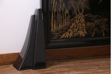 中古　伝統工芸　白峯作　漆塗り　鎗金・沈金蒔絵　山水図の衝立(パーテーション)