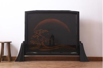 中古　伝統工芸　白峯作　漆塗り　鎗金・沈金蒔絵　山水図の衝立(パーテーション)
