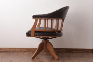 アンティーク家具　ナラ材　黒いレザーと木色のコントラストがお洒落なドクターチェア(回転椅子、アームチェア)