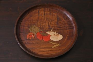 アンティーク雑貨　在銘　栗製　彫刻　お盆(作家物)