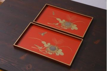 アンティーク雑貨　朱塗　金蒔絵　木製盆(漆器)