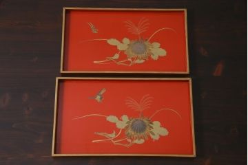 アンティーク雑貨　朱塗　金蒔絵　木製盆(漆器)