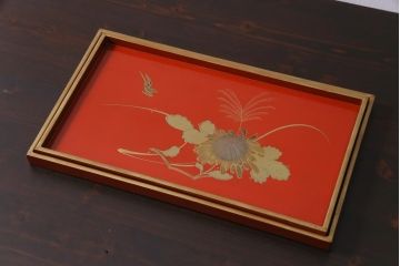 アンティーク雑貨　朱塗　金蒔絵　木製盆(漆器)
