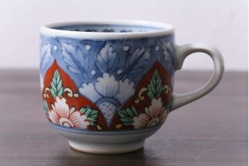 アンティーク雑貨　六代　佐藤走波作　染錦牡丹文　共箱付き　珈琲碗(カップ&ソーサー)